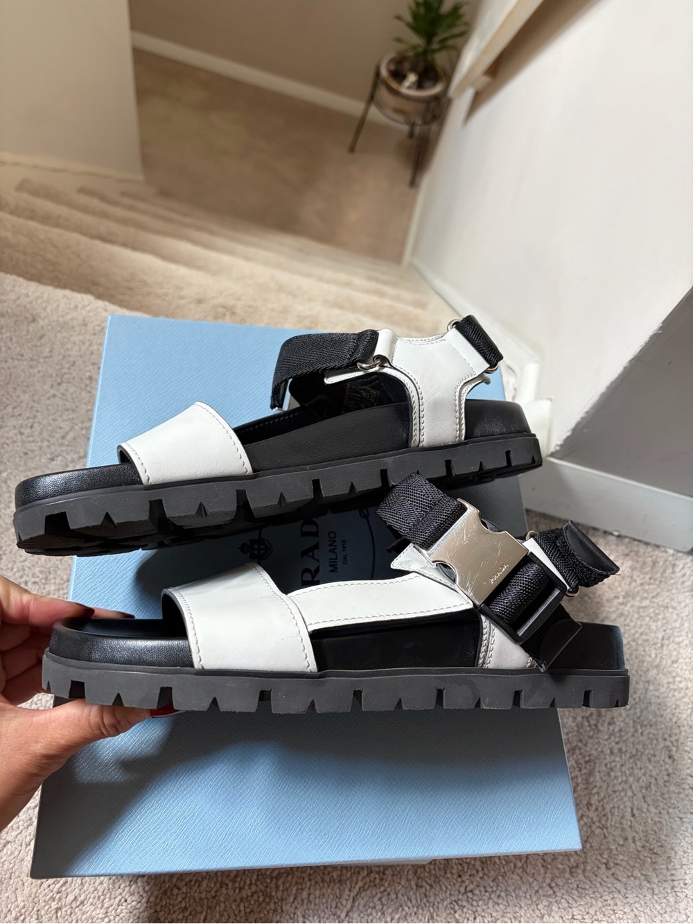 Prada Black and White Platform Sandals with Silver Hardware - Picture 8 of 16